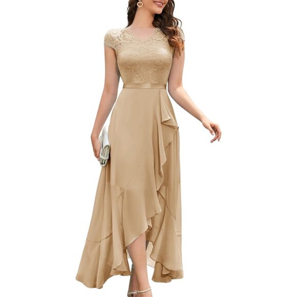 Dresses & Skirts - Women's Champagne V-Neck  Hi-Lo Floral Lace Prom Cocktail Party Formal Dress